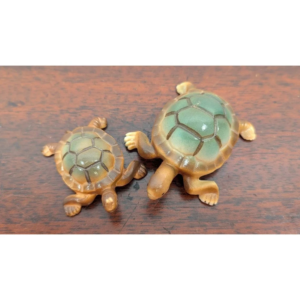 Vintage Pair Miniature Ceramic Turtle Figurines Green Brown Tortoise Decor